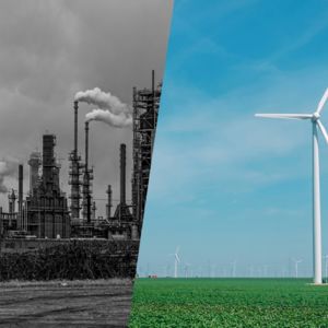 split screen with fossil fuel factory and windmills