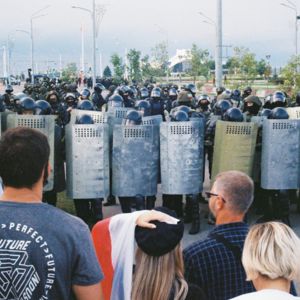 Protesters face riot police in Belarus