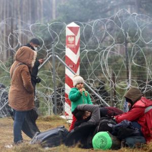 A picture taken on November 8, 2021 shows migrants at the Belarusian-Polish border in the Grodno region.
