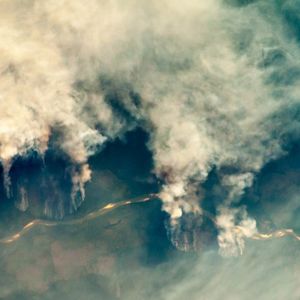 Slash-and-burn forest clearing along the Rio Xingu (Xingu River) in the state of Mato Grosso, Brazil