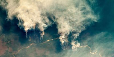 Slash-and-burn forest clearing along the Rio Xingu (Xingu River) in the state of Mato Grosso, Brazil